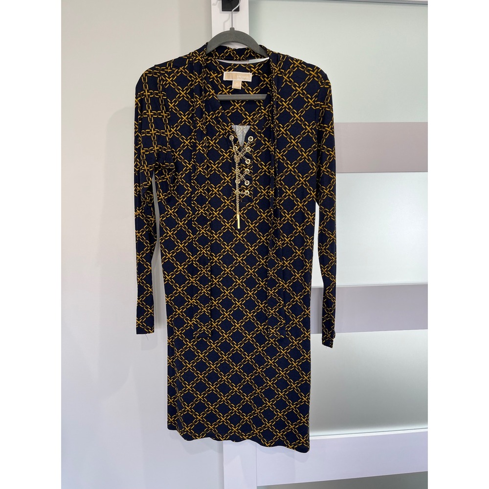 Michael Kors Navy Gold Chain Link Monogram Lace Up Dress Small Long Sleeve Belt